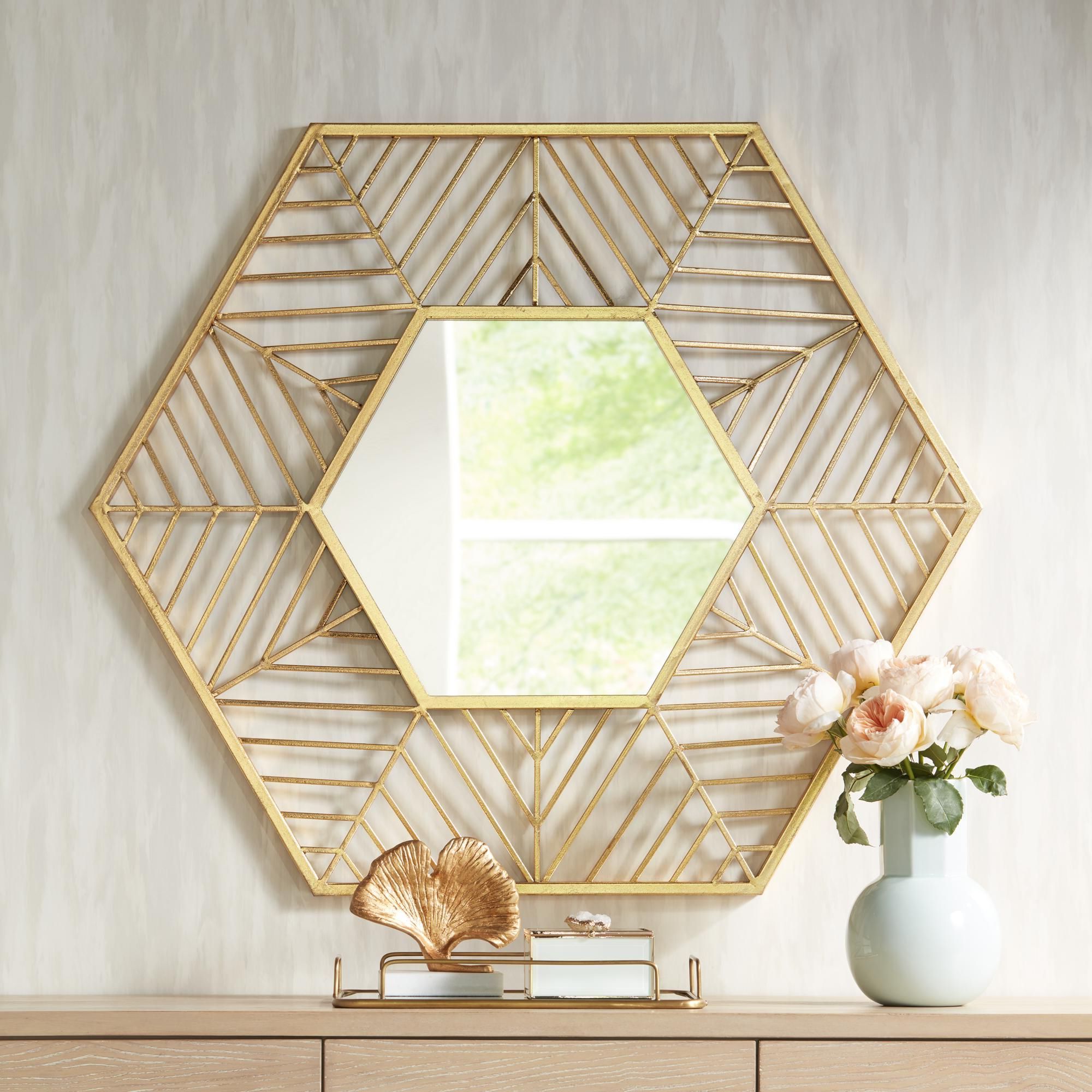 Gold Metal Mirrored Wall Art For Widely Used Kelise Gold 39 1/2" X 34" Hexagon Wall Mirror #wallmirror # (View 8 of 15)
