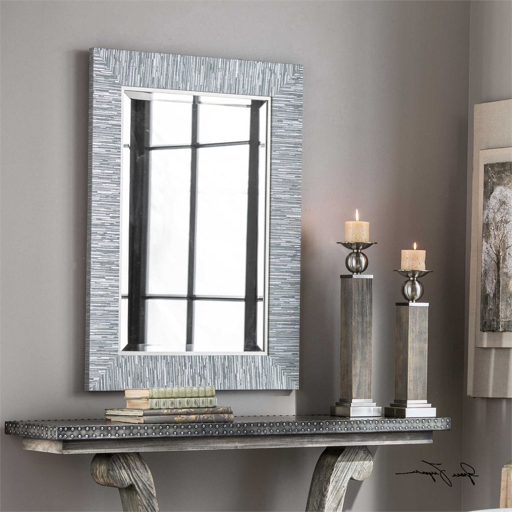 Gray Washed Wood Wall Mirrors Within Best And Newest Blue Gray Silver Striped Wood Wall Mirror Rectangular Coastal Beach (View 15 of 15)