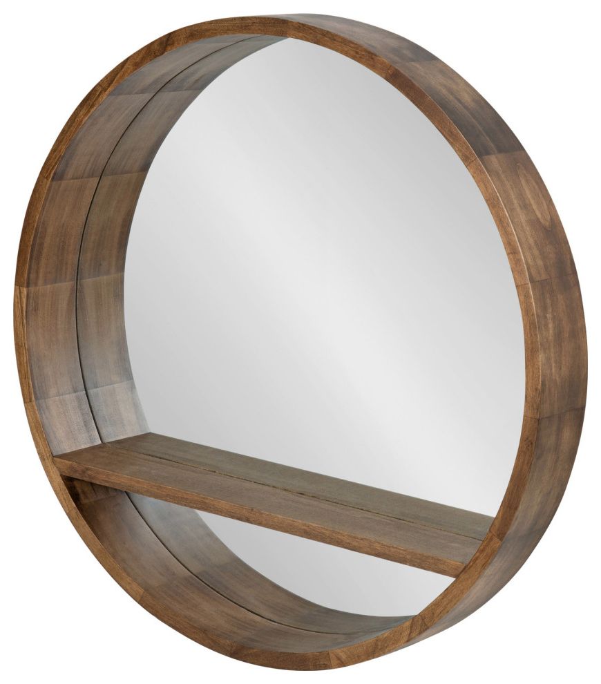 Hutton Round Mirror With Shelf, Rustic Brown 30" Diameter In Most Recently Released Brown Leather Round Wall Mirrors (View 8 of 15)