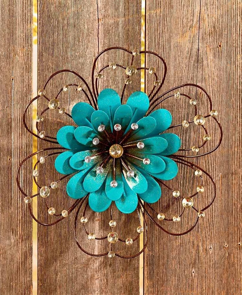 Jeweled Metal Wall Flowers – Blue, Brightly Colored Jeweled Metal Wall In Most Recently Released Gold Fan Metal Wall Art (View 3 of 15)