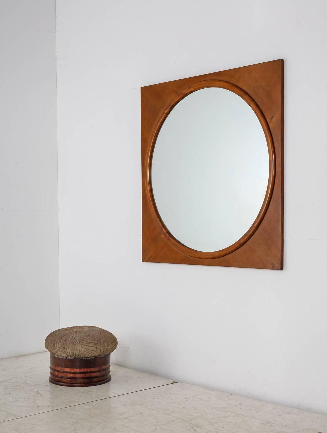 Large Round Wall Mirror In Square Walnut Frame, Italy, 1940s For Sale In Widely Used Square Oversized Wall Mirrors (View 14 of 15)