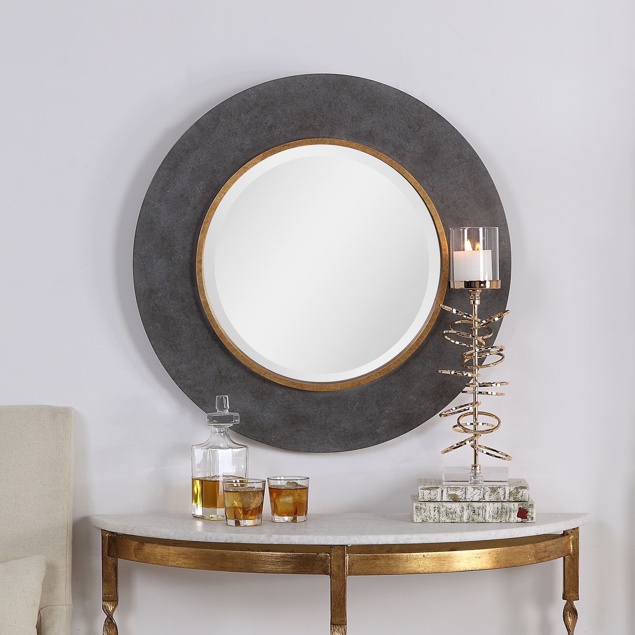 Large Round Wood Beveled Wall Mirror Contemporary Charcoal Concrete Regarding Famous Charcoal Gray Wall Mirrors (View 11 of 15)