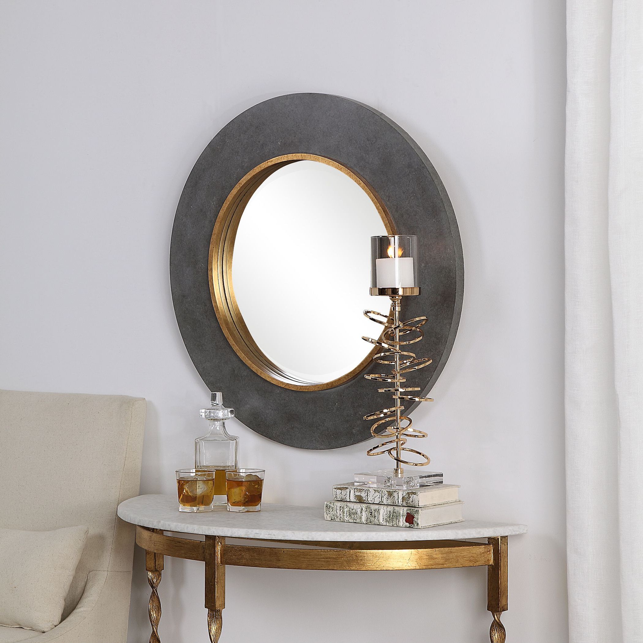 Large Round Wood Beveled Wall Mirror Contemporary Charcoal Concrete With Regard To Well Known Round Grid Wall Mirrors (View 7 of 15)