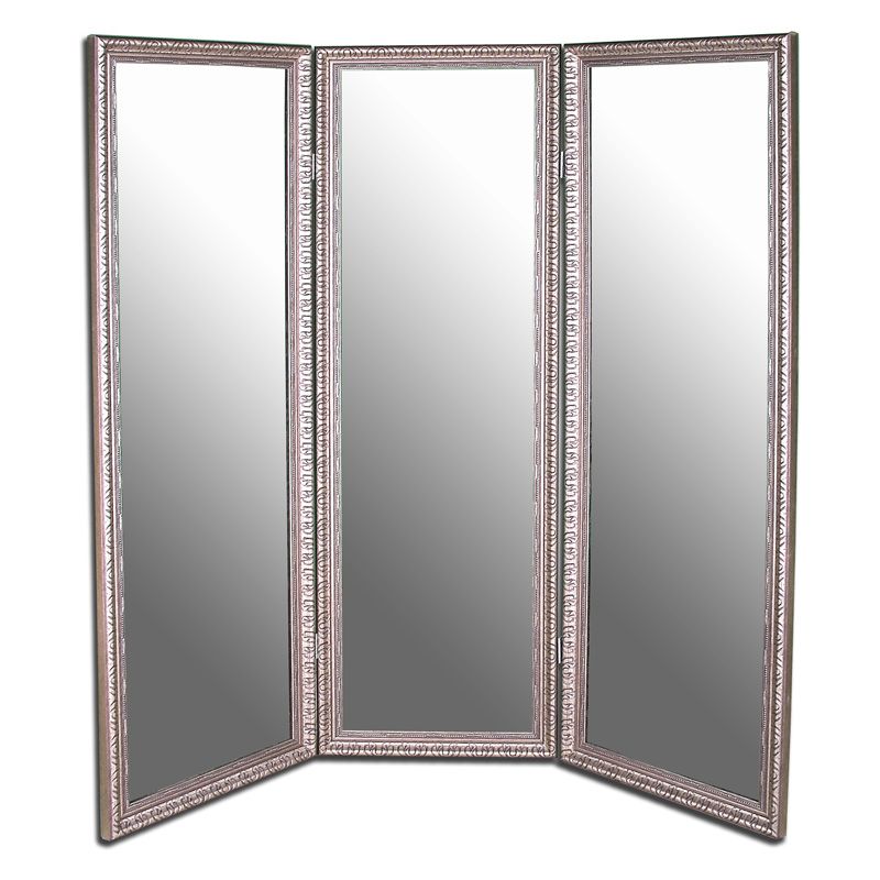 Latest Antique Silver Full Length Free Standing Tri Fold Mirror  66w X 70h In With Linen Fold Silver Wall Mirrors (View 6 of 15)