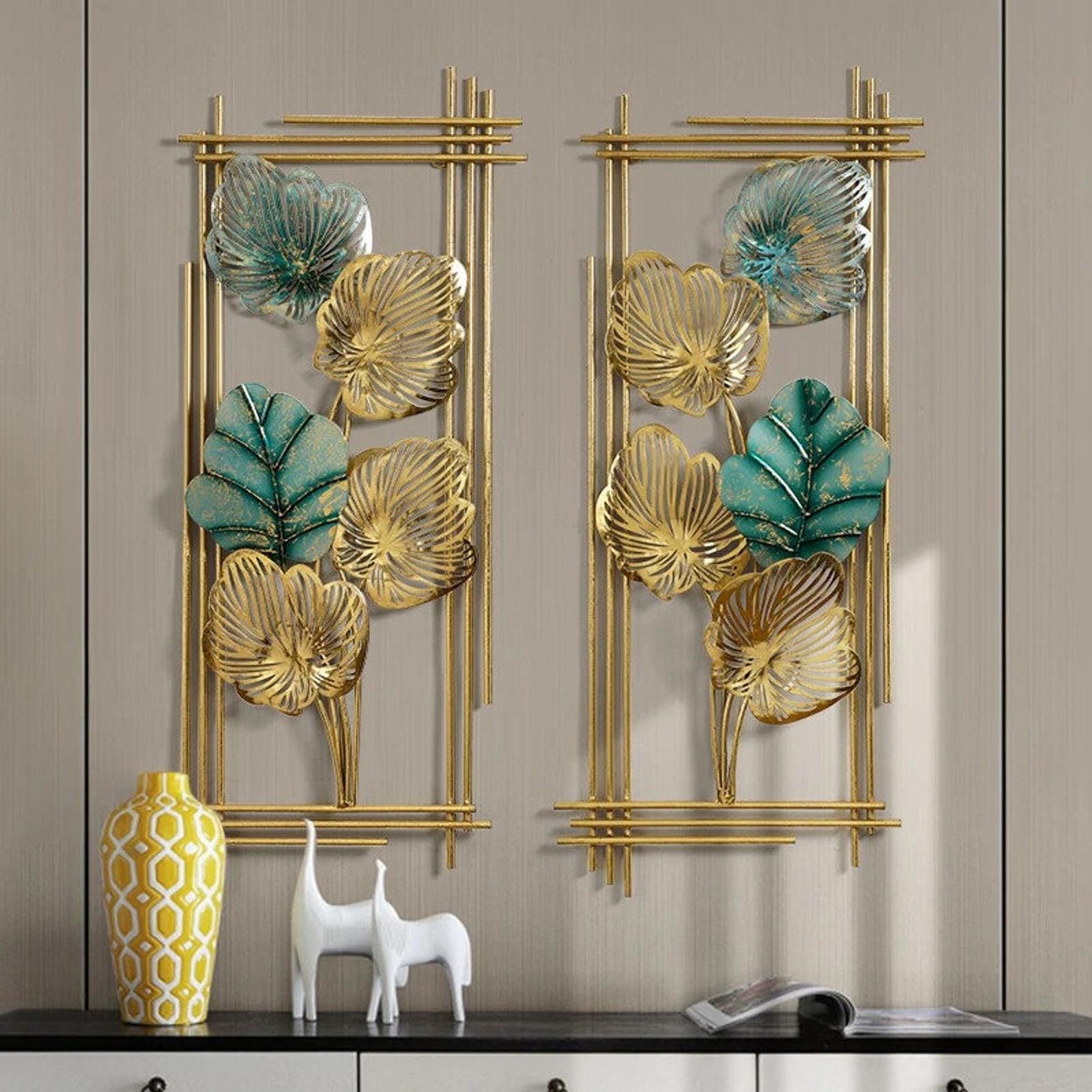 Luxury Wrought Iron Green Gold Leaf Wall Hanging Decoration (View 3 of 15)