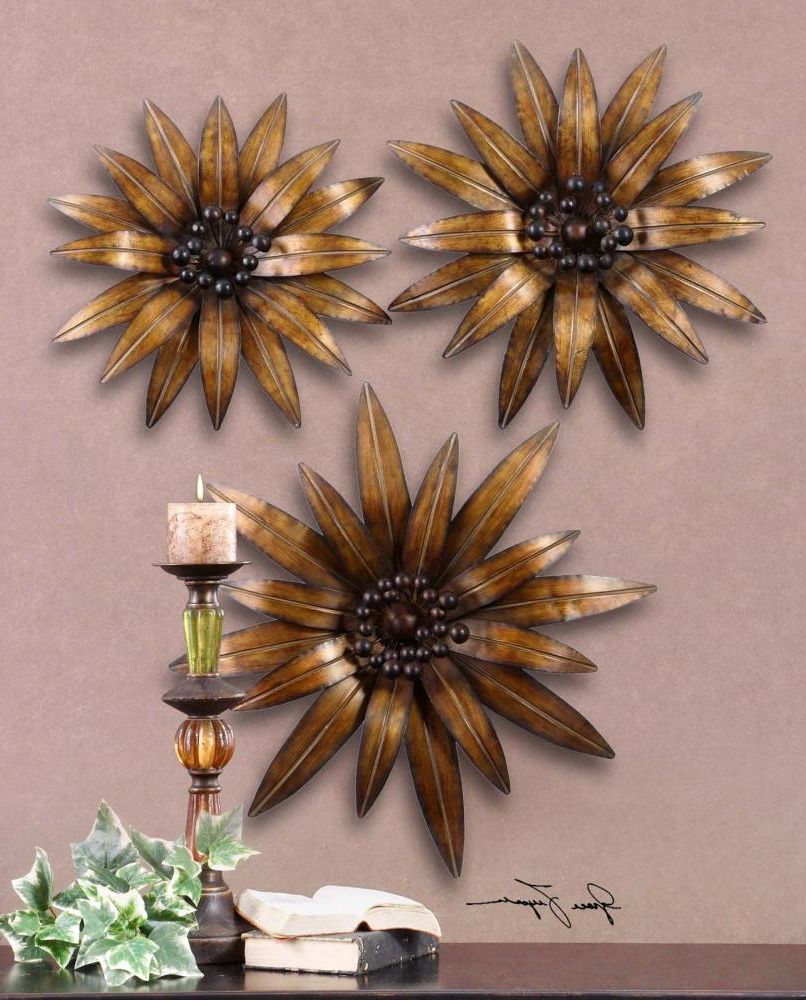 Most Current Gold And Black Metal Wall Art Regarding Uttermost Antiqued Gold Gazanias Set Of 3 Flower Metal Wall Art (View 11 of 15)