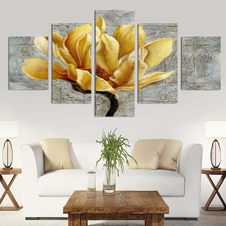 Most Popular 5 Beautiful Panel Yellow Roses Flowers Oil Painting On Canvas Wall Art Within Yellow Bloom Wall Art (View 10 of 15)