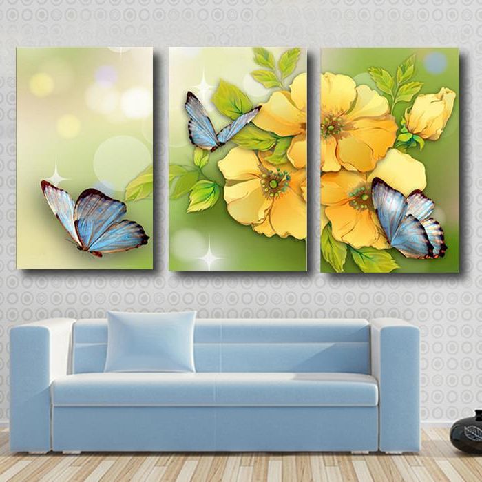 Most Recently Released 3 Piece Yellow Flower And Butterfly Modern Home Wall Wedding Decor In Yellow Bloom Wall Art (View 9 of 15)