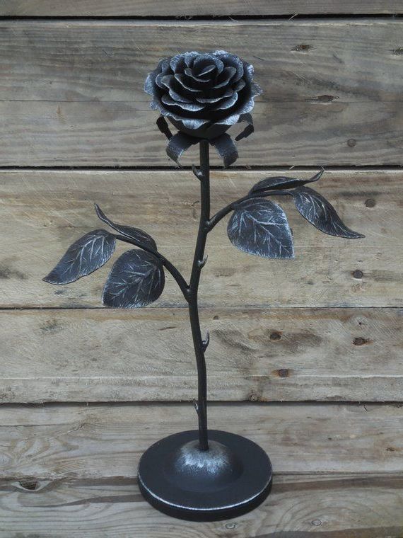 Most Recently Released Hand Forged Iron Wall Art Regarding Hand Forged Rose On The Stand, Steel Rose, Iron Flower, Metal Sculpture (View 4 of 15)