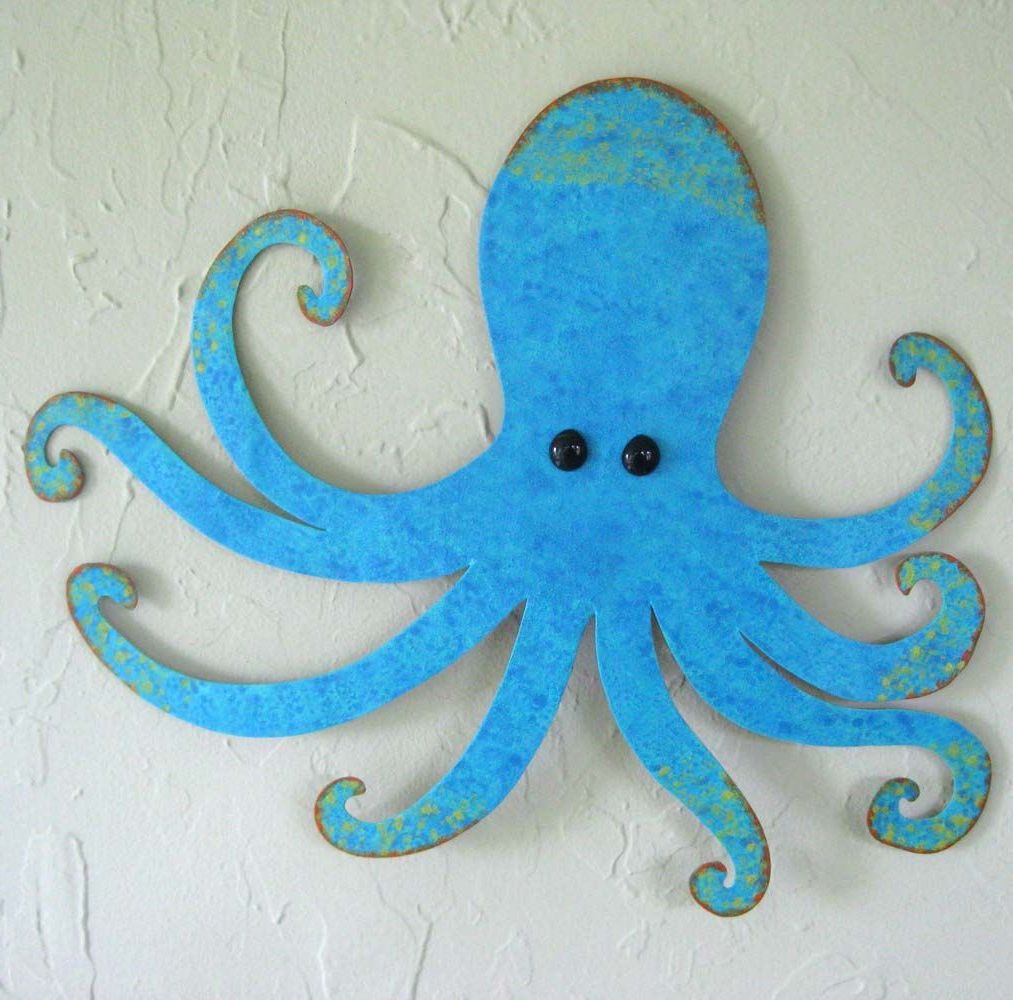Octopus Metal Wall Sculptures For 2017 Hand Made Octopus Art Sculpture – Otis – Blue Aqua Upcycled Metal Wall (View 4 of 15)