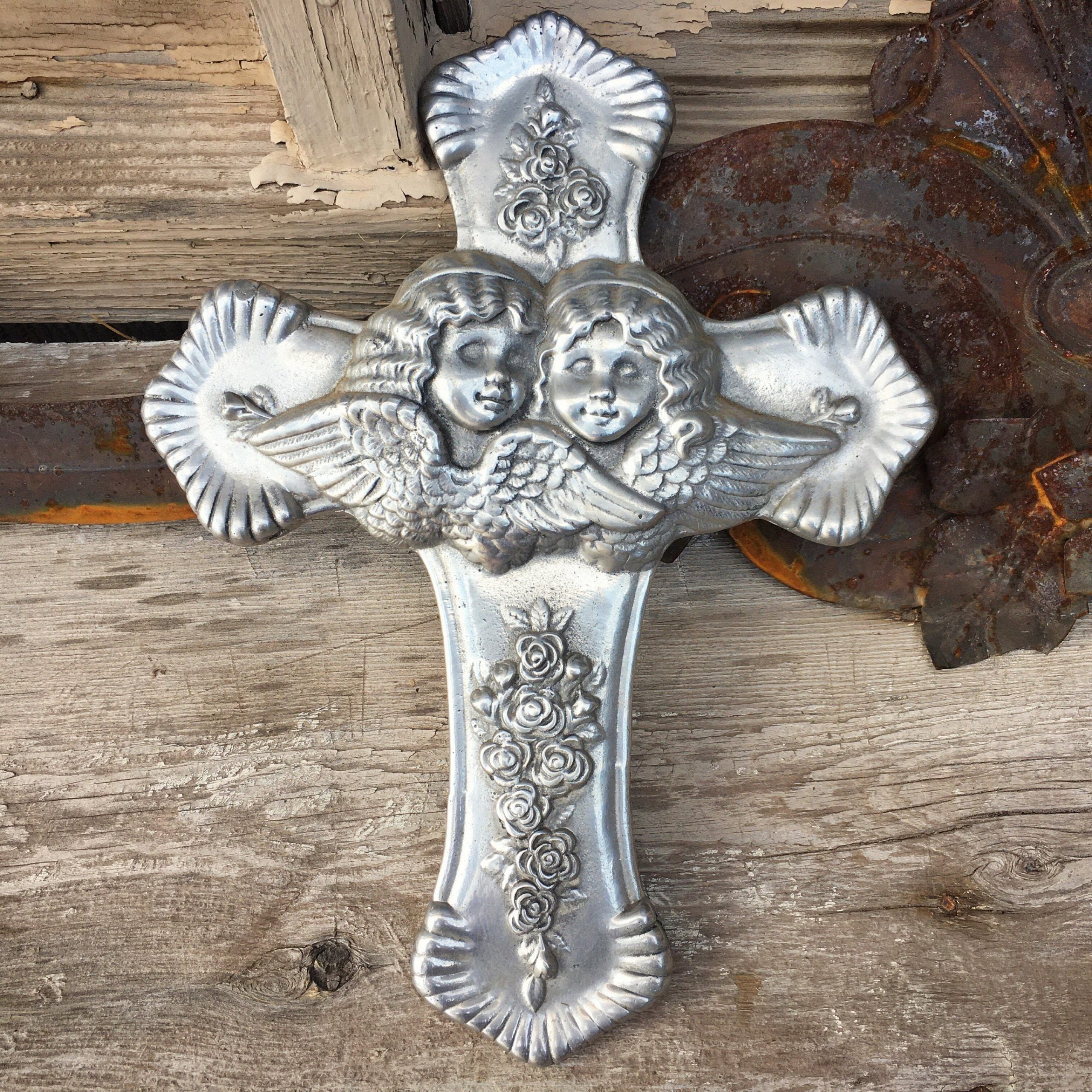 Pewter Metal Wall Art Inside Most Recently Released Pewter Metal Wall Cross With Winged Angels, Mexican Rustic Home Decor (View 14 of 15)