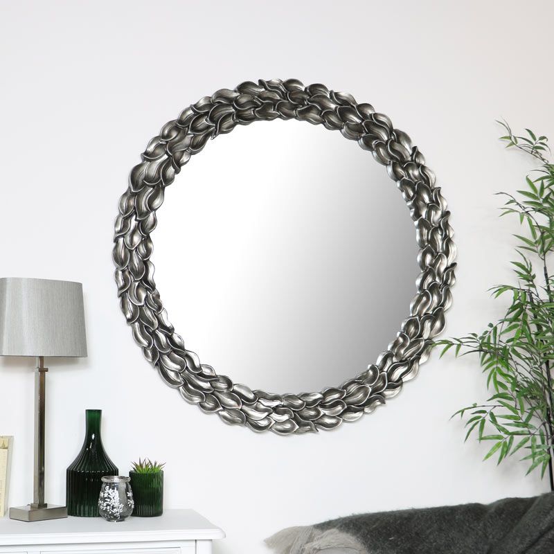 Popular Gold Leaf Metal Wall Mirrors Regarding Large Round Silver Leaf Mirror 101cm X 101cm – Melody Maison® (View 8 of 15)