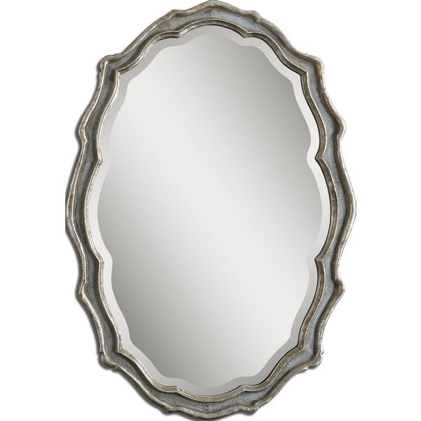 Shop 36" Antique Silver Leaf & Slate Blue Scalloped Framed Beveled Oval In Well Liked Gold Scalloped Wall Mirrors (View 11 of 15)