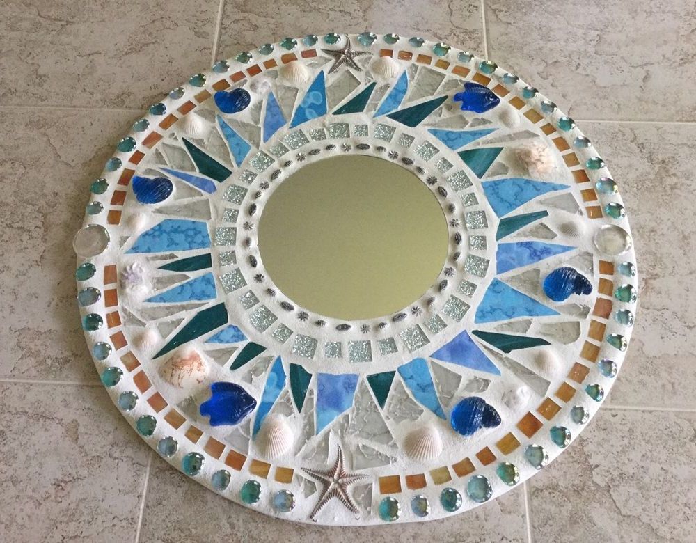 Stained Glass Round Mosaic 20" Wall Mirror/hand Crafted Mirror/sea With Regard To 2020 Shell Mosaic Wall Mirrors (View 6 of 15)