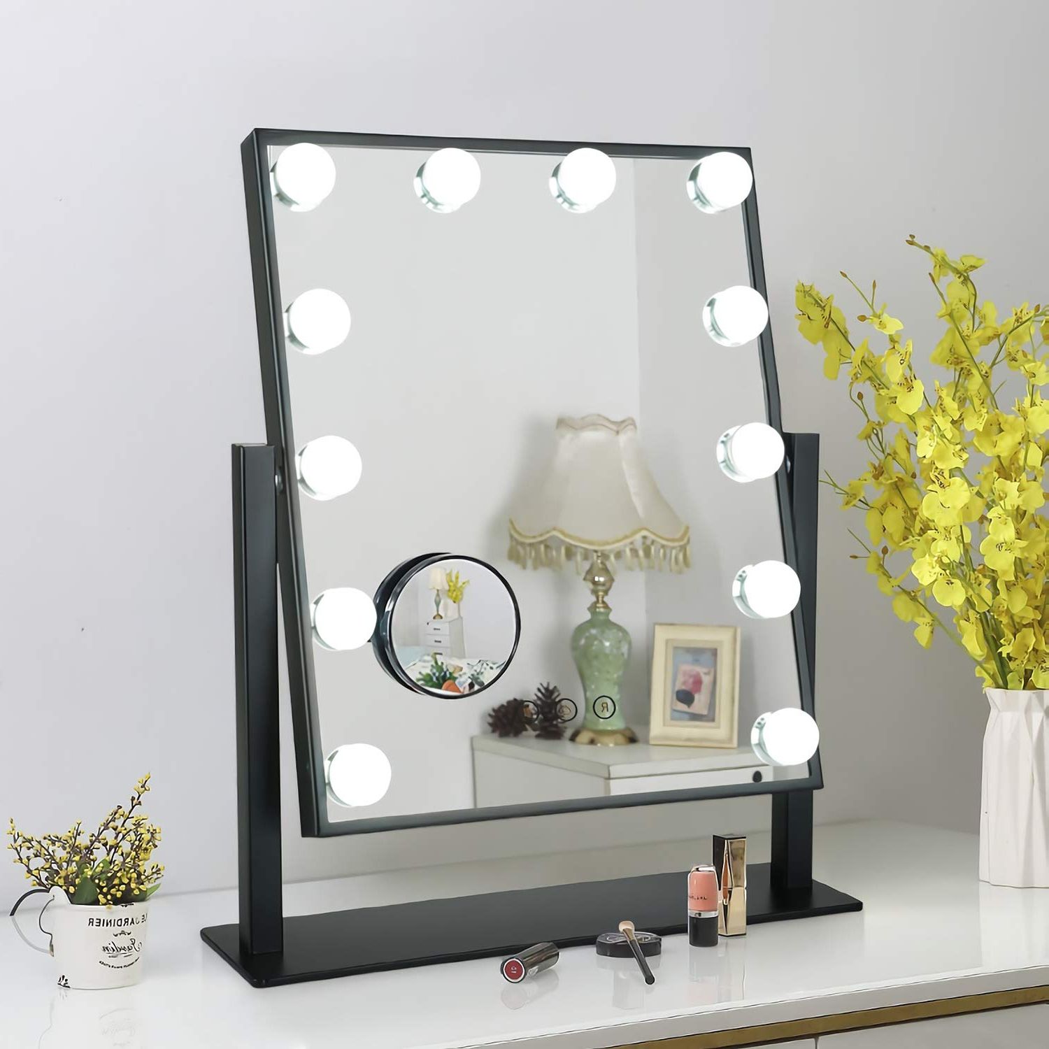 Sunburst Standing Makeup Mirrors Throughout Best And Newest 9/12/14 Bulb Hollywood Led Makeup Mirror Light Magnifying Free Standing (View 6 of 15)