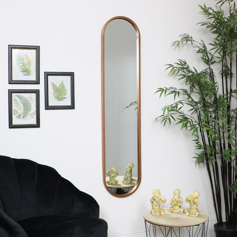 Tall Slim Gold Oval Mirror Oblong Minimlaist Scandi Home Wall Decor Art With Regard To Most Up To Date Gold Metal Mirrored Wall Art (View 3 of 15)