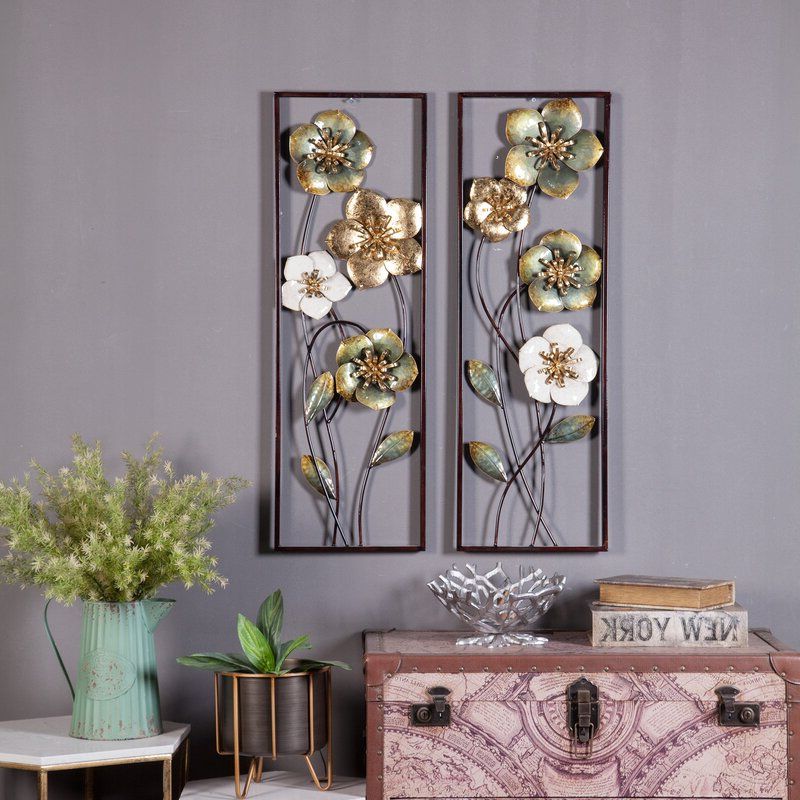 Textured Metal Wall Art Set Throughout 2018 World Menagerie 2 Piece Metal Flowers Wall Décor Set & Reviews (View 8 of 15)