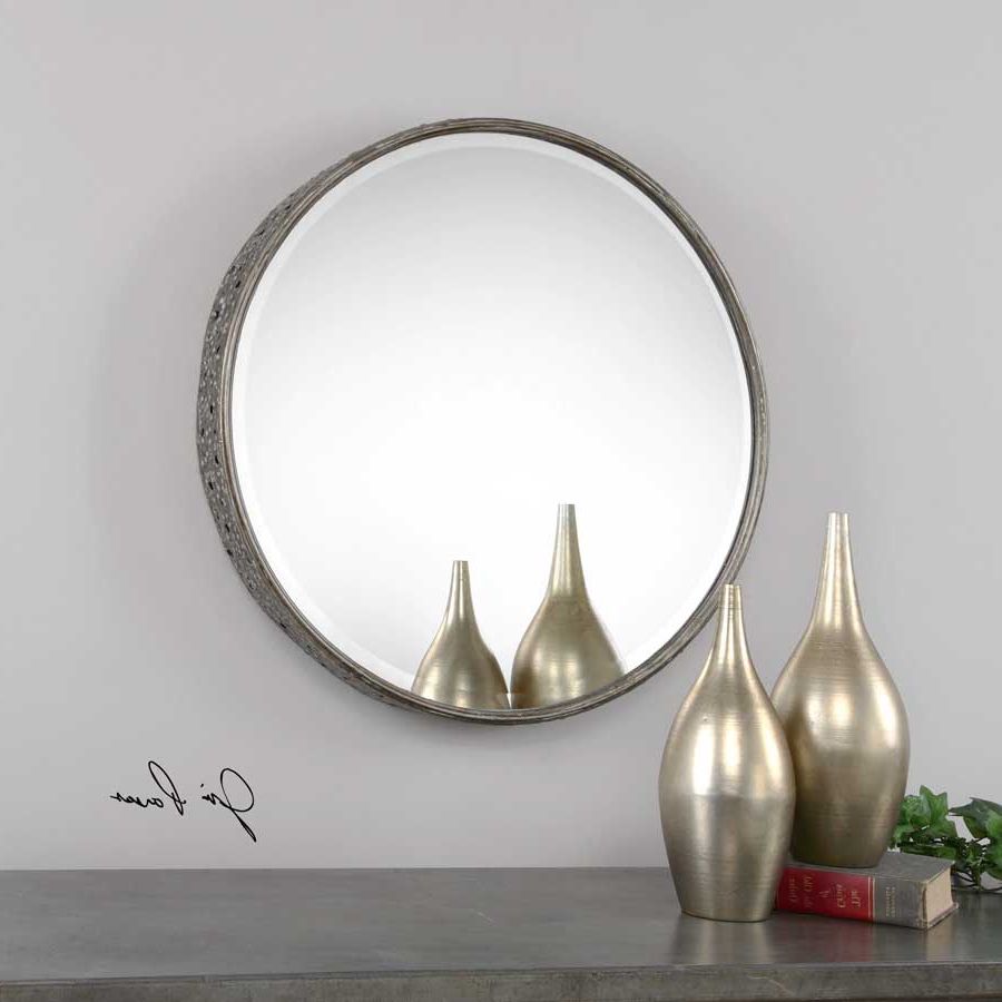 Trendy Burnished Gray Wash Round Beveled Metal Mirror Pertaining To Steel Gray Wall Mirrors (View 6 of 15)