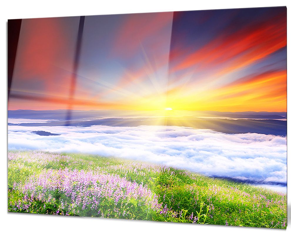 Well Known Sunrise Metal Wall Art Regarding "sunrise With Blooming Flowers" Landscape Art Glossy Metal Wall Art (View 2 of 15)