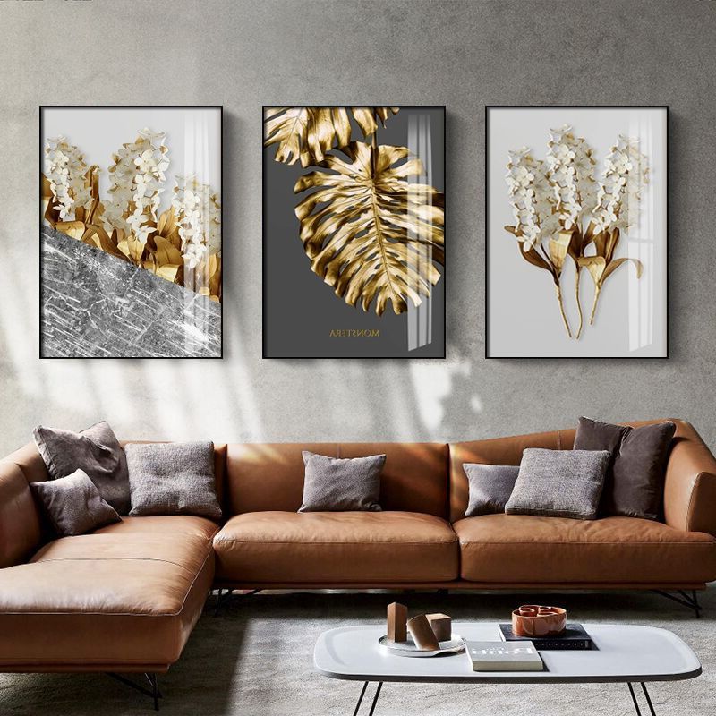 Well Liked Nordic Golden Abstract Leaf Flower Wall Art Canvas Painting Black White Inside Gold Leaves Wall Art (View 5 of 15)