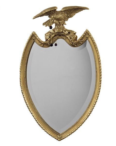 Wood And Composition Shield Design Beveled Mirror With Eagle, Two Balls In Trendy Ring Shield Gold Leaf Wall Mirrors (View 10 of 15)