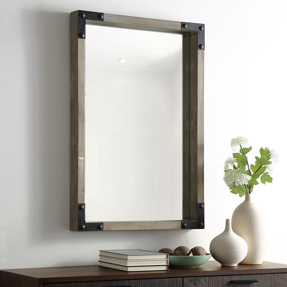 36" Rustic Industrial Farmhouse Rectangle Wood Metal Wall Mirror For Most Recently Released Rustic Industrial Black Frame Wall Mirrors (View 1 of 15)