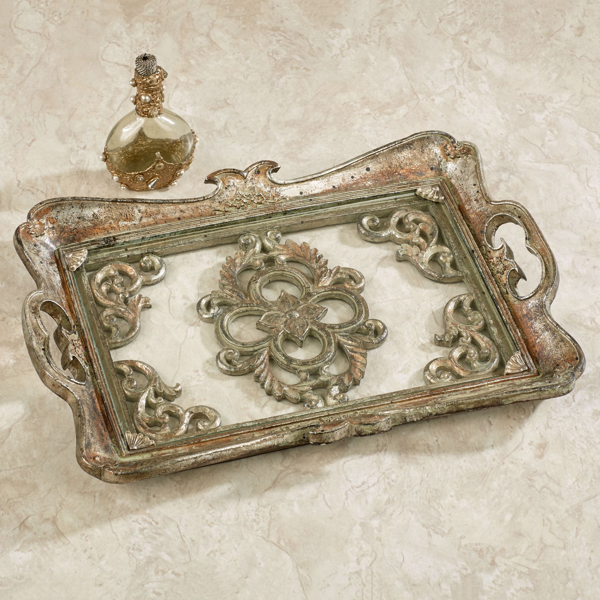 Bethney Glass Vanity Tray Within 2019 Aged Silver Vanity Mirrors (View 15 of 15)