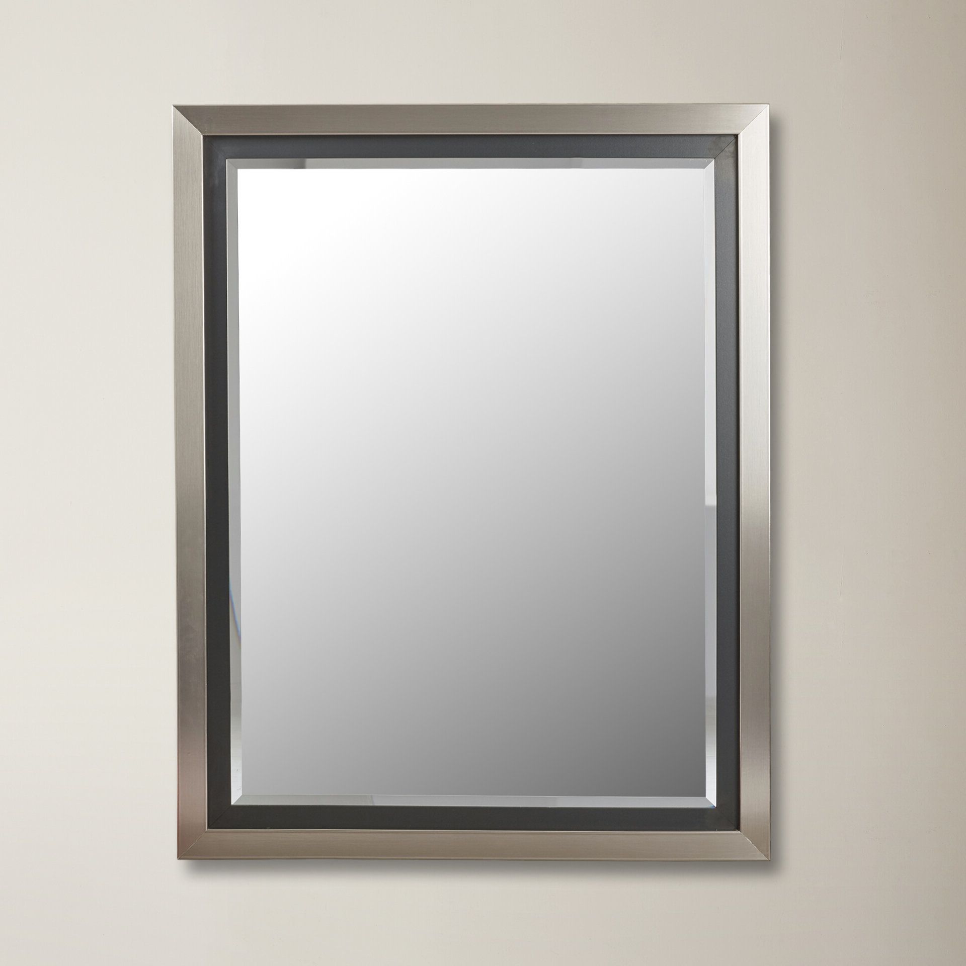 Drake Brushed Steel Wall Mirrors For Fashionable Wade Logan Brushed Nickel Silver And Satin Black Wide Flat Wall Mirror (View 8 of 15)