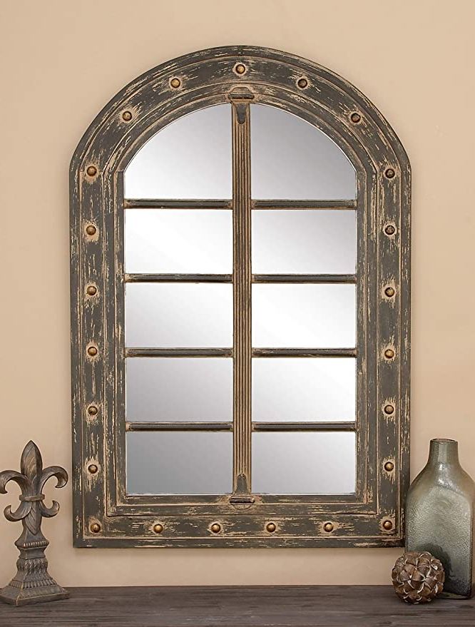 Famous Amazon: Deco 79 Rustic Wooden Arched Window Framed Wall Mirror, 48 With Distressed Dark Bronze Wall Mirrors (View 12 of 15)