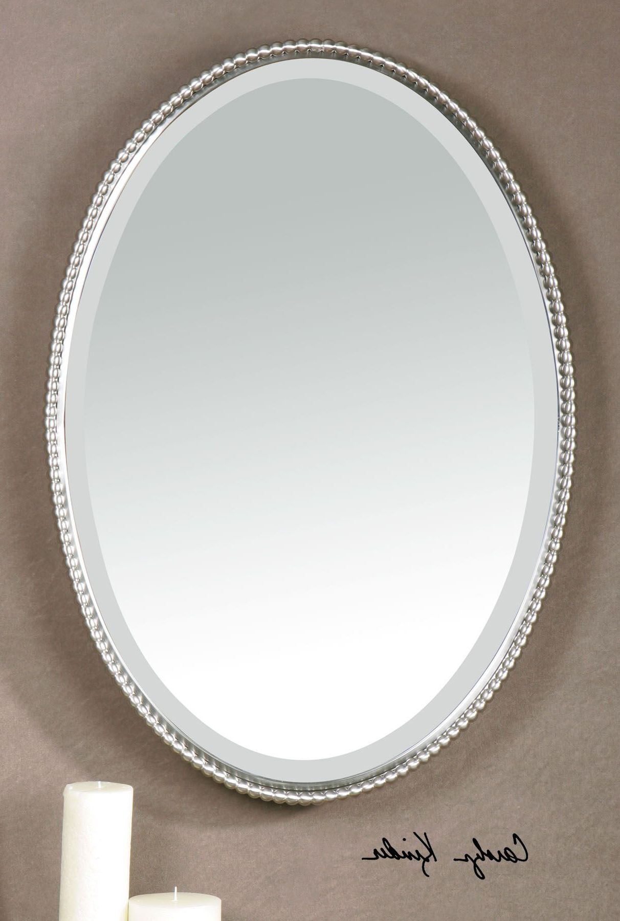 Famous Silver Nickel Beaded Edge Oval Wall Mirror 32" Vanity Bathroom Horchow For Round Beaded Trim Wall Mirrors (View 2 of 15)