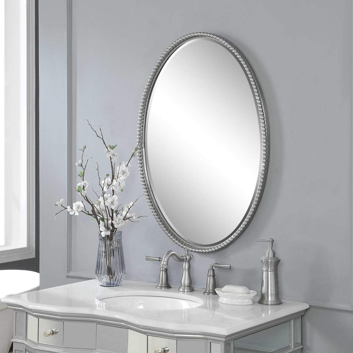 Famous Uttermost' 01102 Sherise Oval Brushed Nickel Beaded Wall Mirror Within Nickel Framed Oval Wall Mirrors (View 10 of 15)
