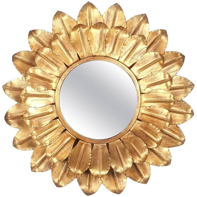 Fashionable Sunburst Large Round Gold Leaf Backlit Mirror, France 1960 Intended For Leaf Post Sunburst Round Wall Mirrors (View 15 of 15)