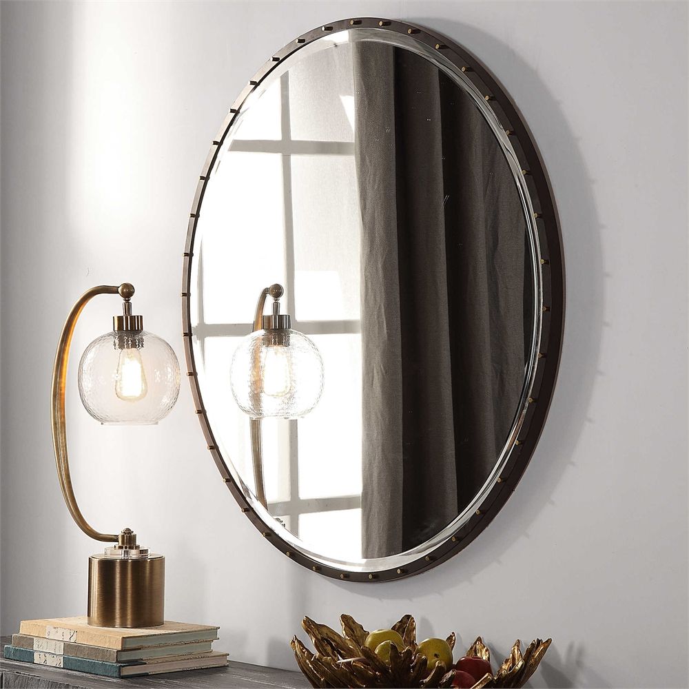 Favorite Distressed Black Round Wall Mirrors Intended For Urban Industrial Black Iron Round Wall Mirror Large 42" Vanity Bath (View 12 of 15)