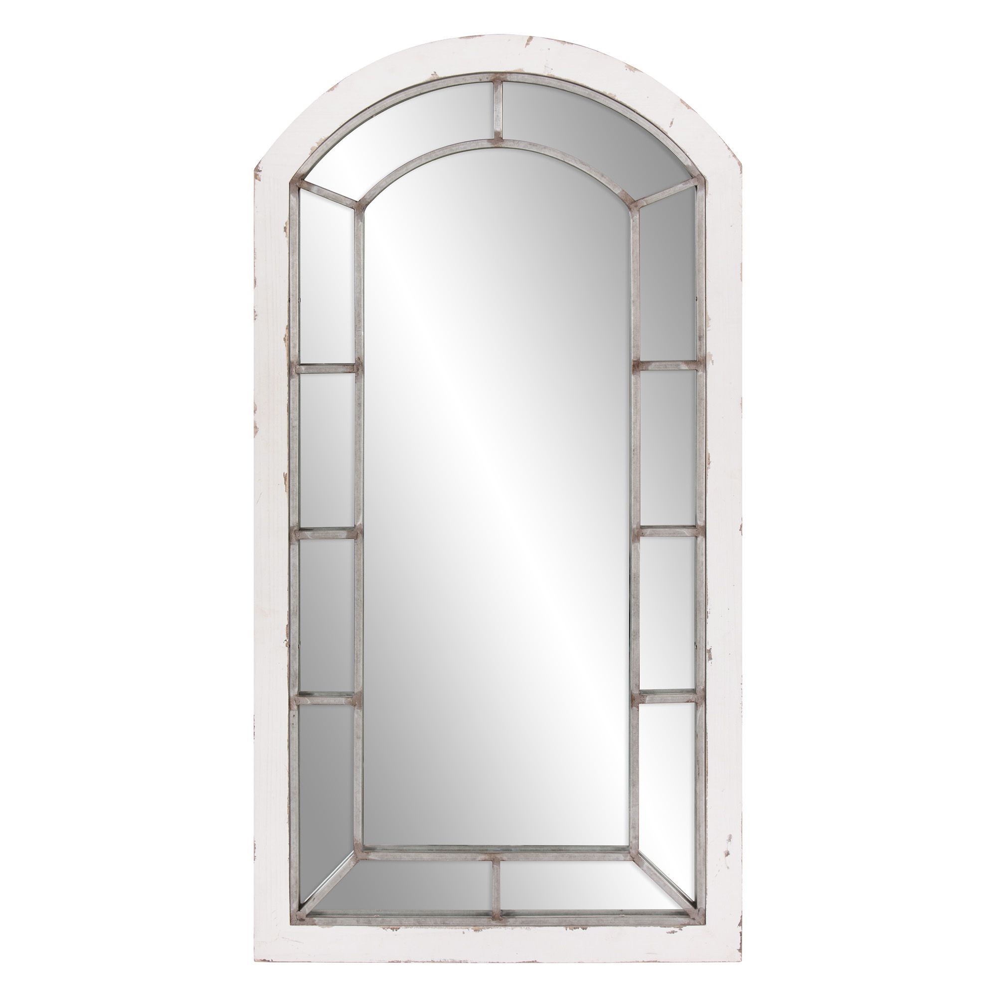 Favorite Distressed White And Antique Silver Arch Windowpane Wall Mirror 24"x44 Throughout Antiqued Silver Quatrefoil Wall Mirrors (View 15 of 15)