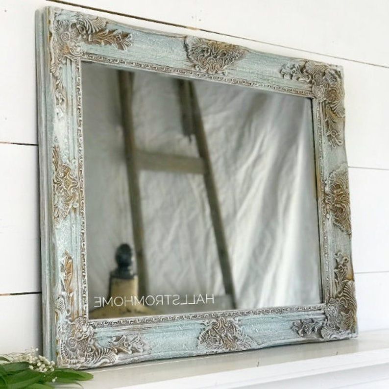 French Shabby Chic Wall Mirror/ Blue Wood Framed Bathroom (View 12 of 15)
