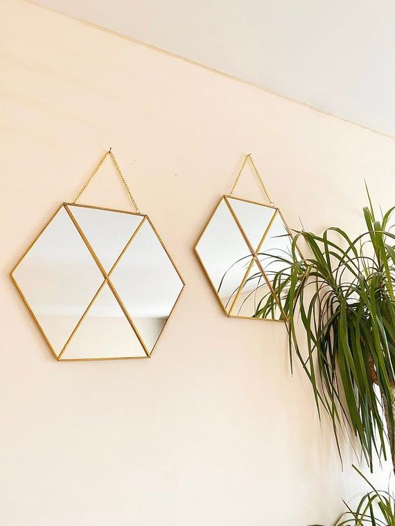Gold Hexagon Mirror Wall Decor Set Of 2  Geometric Hanging Mirror Within Favorite Gold Hexagon Wall Mirrors (View 15 of 15)