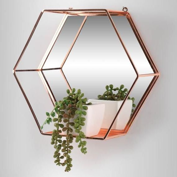 Gold Hexagon Wall Mirrors For Recent Rose Gold Hexagon Mirror Shelf Metal Wire Wall Shelf Home Decor Storage (View 8 of 15)