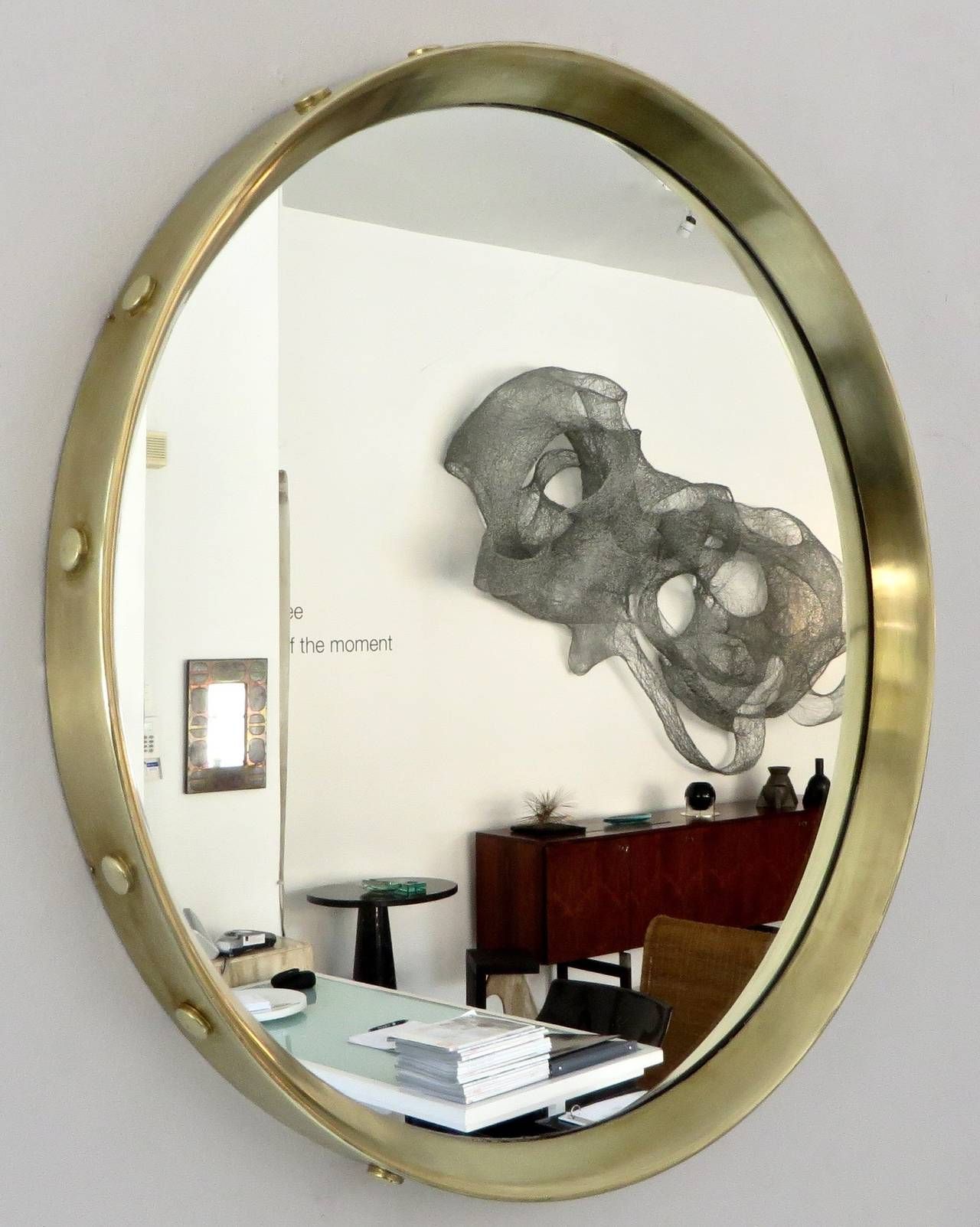 Italian Round Brass Framed Mirror With Decorative Buttons At 1stdibs Pertaining To Most Recently Released Uneven Round Framed Wall Mirrors (View 1 of 15)