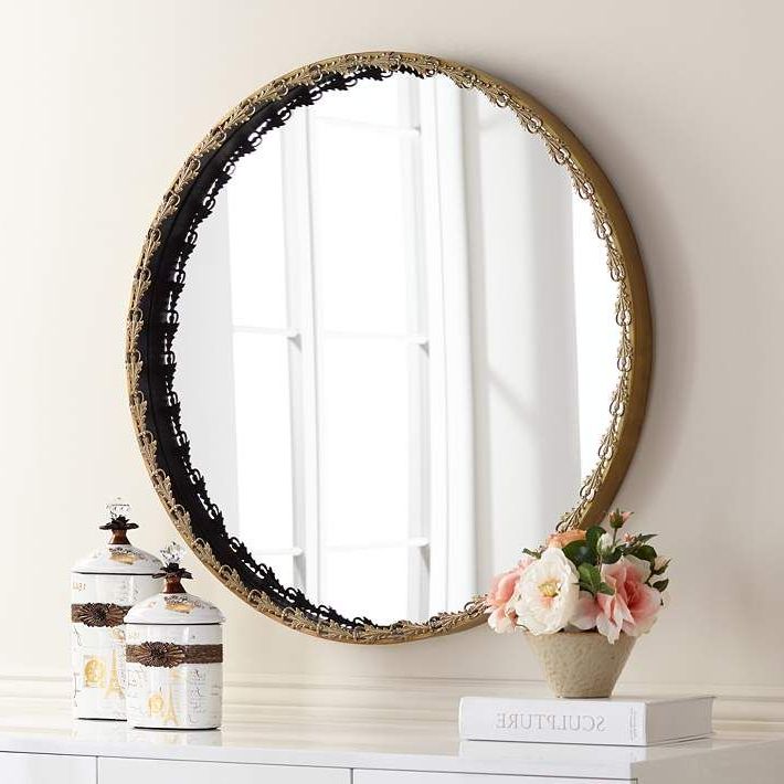 Jagged Edge Round Wall Mirrors Within Current Cassandra Antique Gold Delicate Edge 34" Round Wall Mirror – #60j (View 4 of 15)