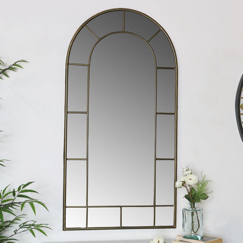 Large Rustic Grey Metal Frame Arch Window Style Wall Mirror Living Room With Regard To Most Up To Date Waved Arch Tall Traditional Wall Mirrors (View 1 of 15)