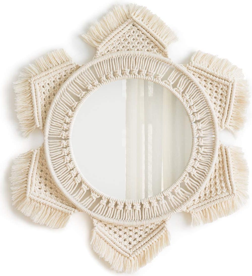 Latest Hanging Wall Mirror With Macrame Fringe Round Boho Mirror Art Decor Pertaining To Round Beaded Trim Wall Mirrors (View 8 of 15)