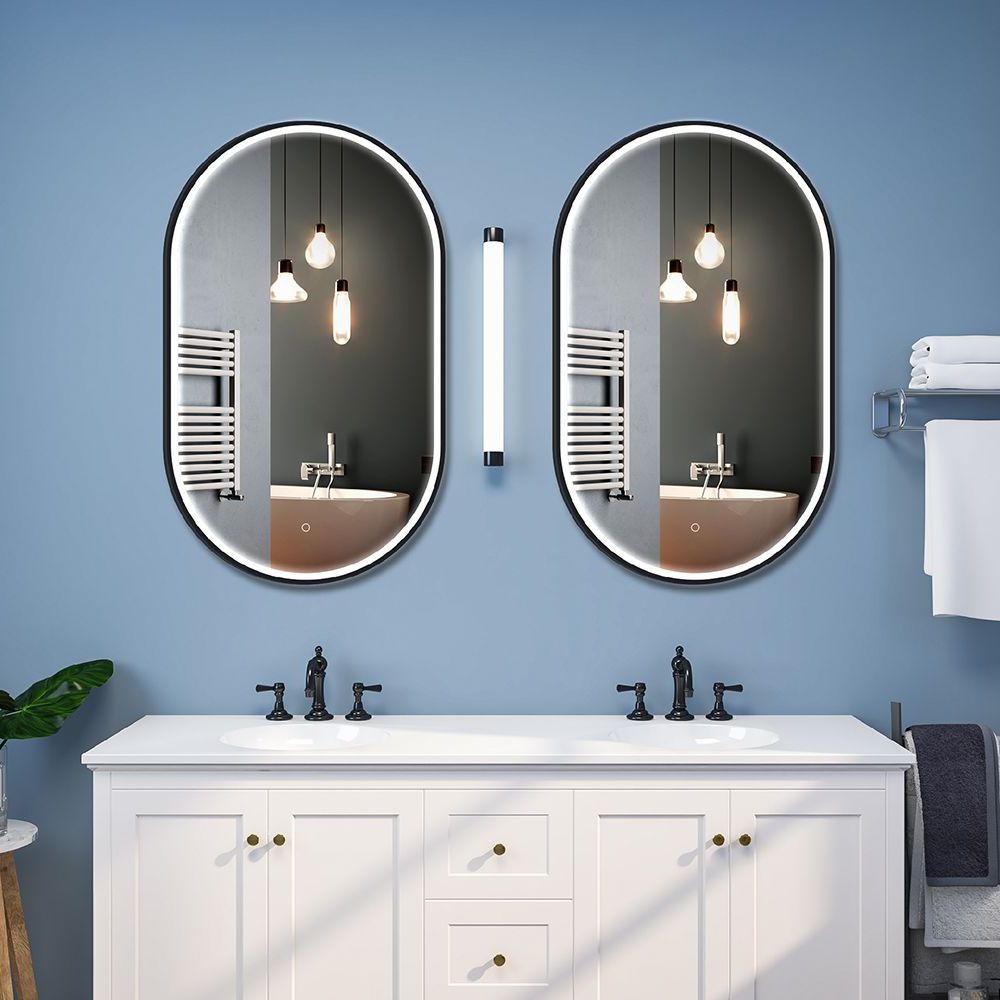 Latest Matte Black Frame Capsule Wall Mounted Led Bathroom Mirror Anti Fog Throughout Matte Black Octagon Led Wall Mirrors (View 14 of 15)