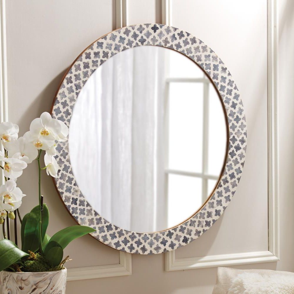 Mandie Global Bazaar Bone Grey Inlay Quatrefoil Round Wall Mirror – 27d Intended For Well Liked Bronze Quatrefoil Wall Mirrors (View 3 of 15)