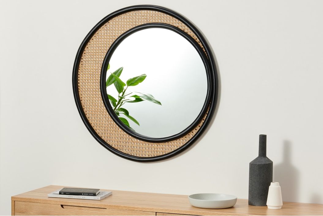 Midnight Black Round Wall Mirrors For Well Known Coretta Round Rattan Round Wall Mirror, 80cm, Natural & Black (View 6 of 15)