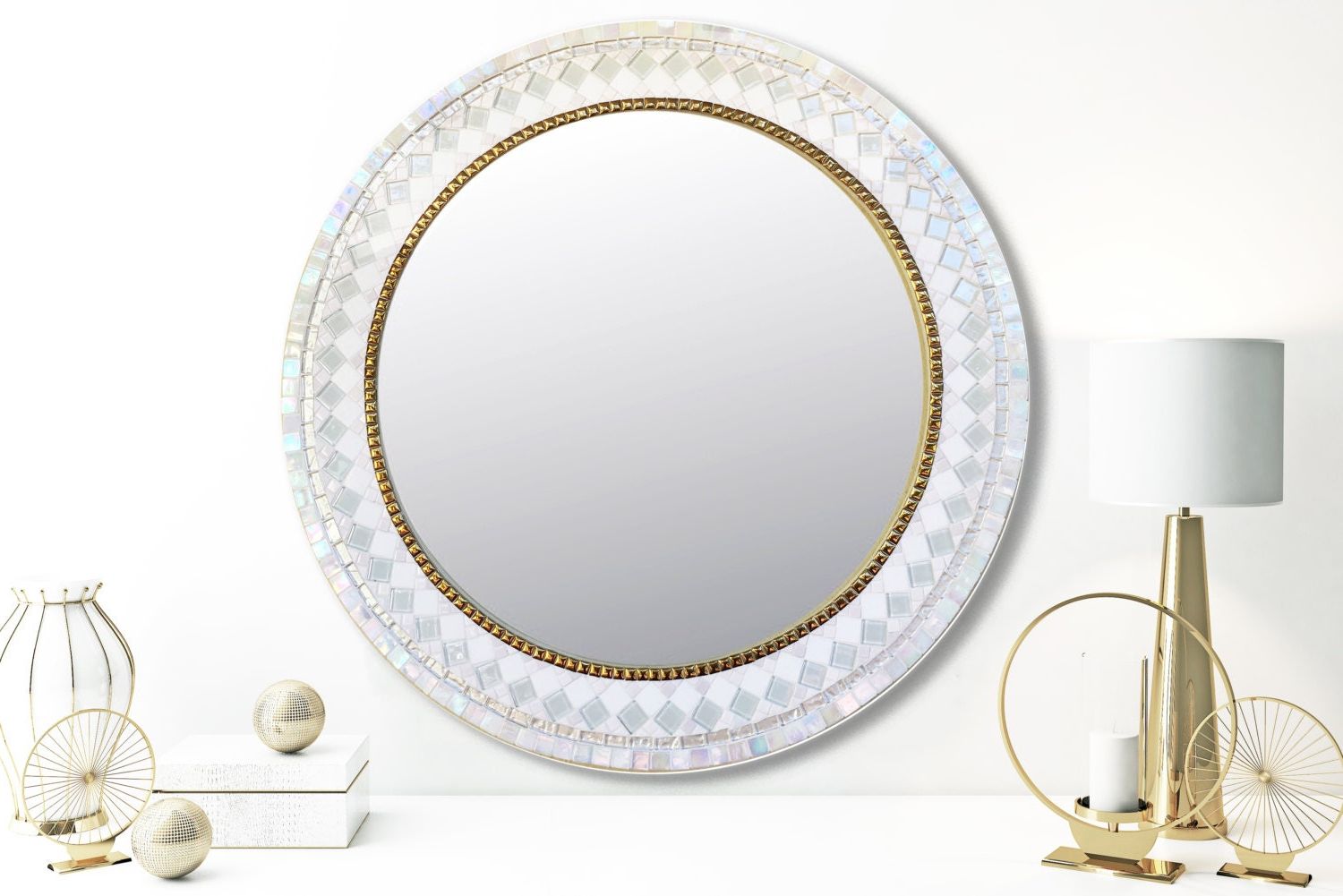 Mosaic Mirror Round Wall Mirror White And Gold Mosaic Pertaining To Well Known Gold Black Rounded Edge Wall Mirrors (View 2 of 15)
