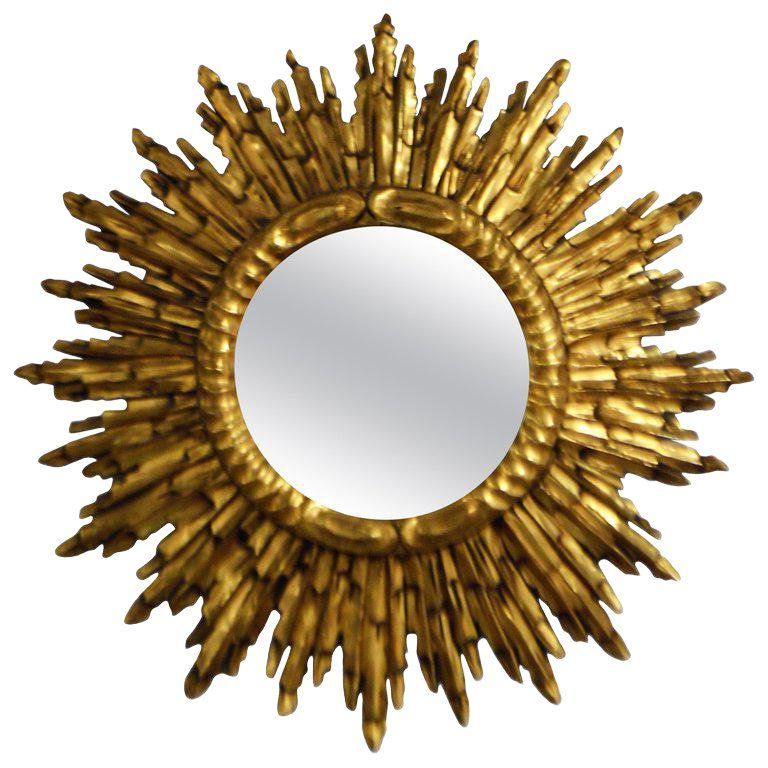 Most Current Leaf Post Sunburst Round Wall Mirrors For Sunburst Mirror, Gold Leaf Gilded Wood, France Circa 1920, 28" In (View 4 of 15)