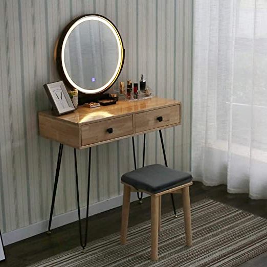 Most Current Natural Wood Vanity Makeup Table Set With Touch Screen Adjustable Throughout Natural Wood Grain Vanity Mirrors (View 11 of 15)
