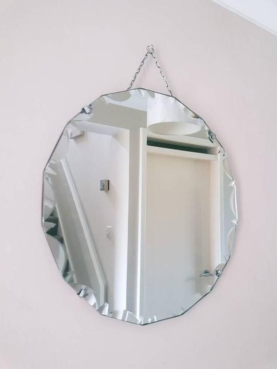 Most Popular Round Scalloped Edge Wall Mirrors Within Vintage Antique Round Bevelled Edge Scalloped Edge Mirror On Chain (View 14 of 15)