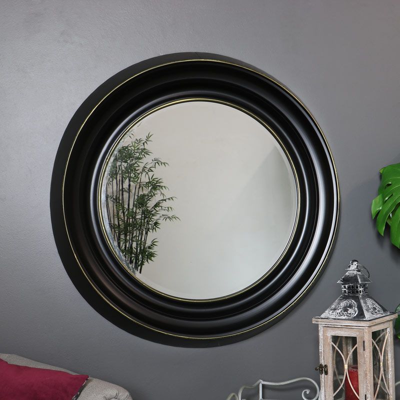 Most Popular Scalloped Round Wall Mirrors Within Large Round Black Metal Framed Wall Mirror Retro Industrial Living Room (View 11 of 15)