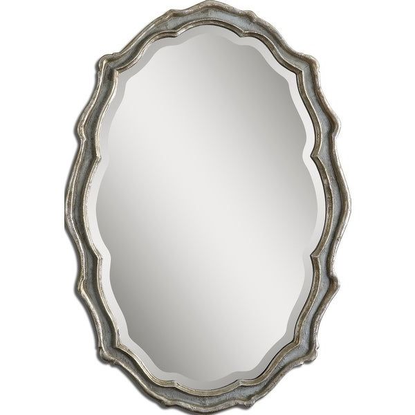 Most Recently Released Shop 36" Antique Silver Leaf & Slate Blue Scalloped Framed Beveled Oval For Round Scalloped Edge Wall Mirrors (View 3 of 15)